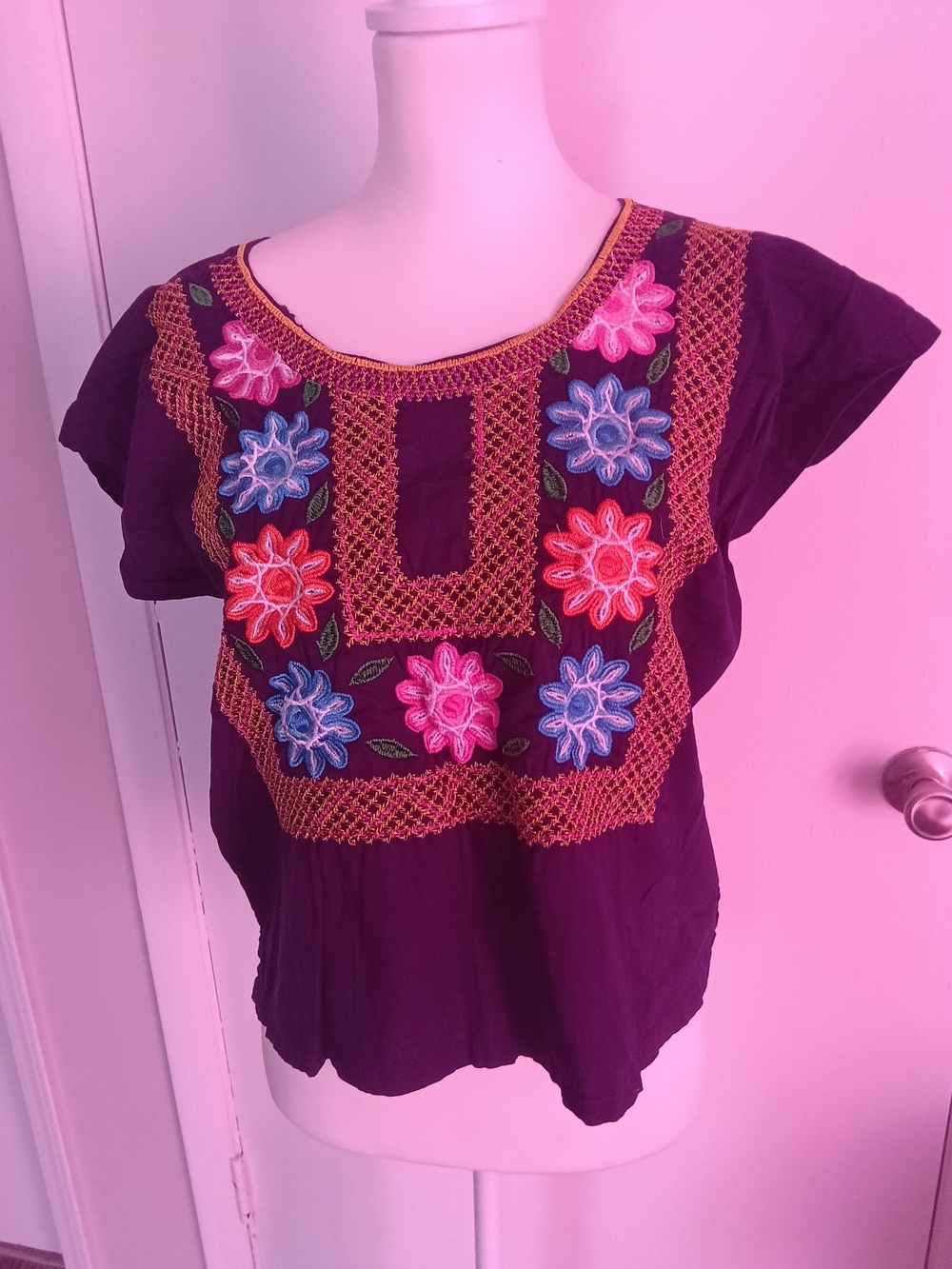 Hand-Embroidered Floral Square-Neck Blouse - Purple